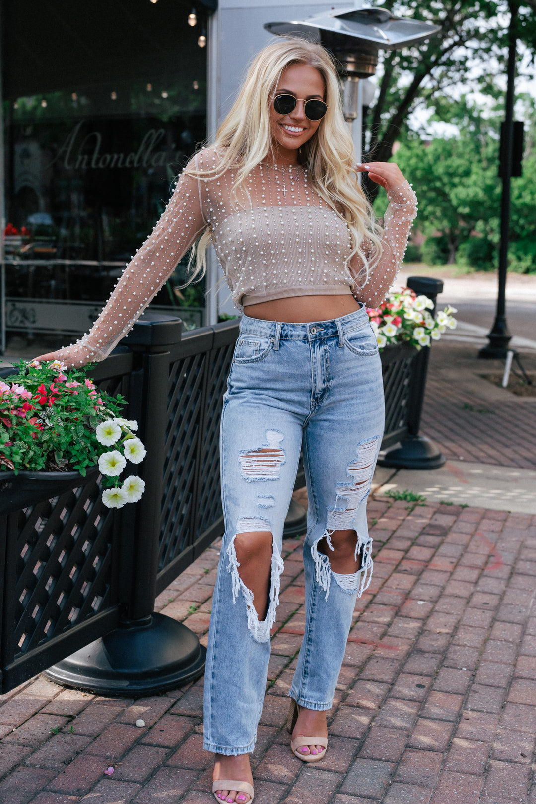 Pearl + Rhinestone Sheer Top (Nude)