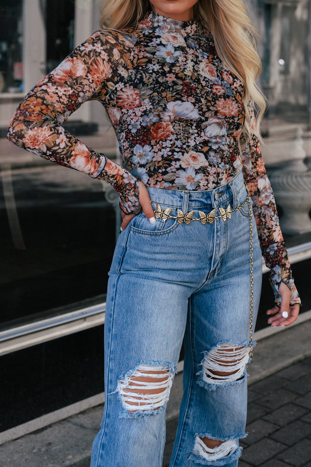 Promises Floral Semi-Sheer Mesh Long Sleeve Knit Top