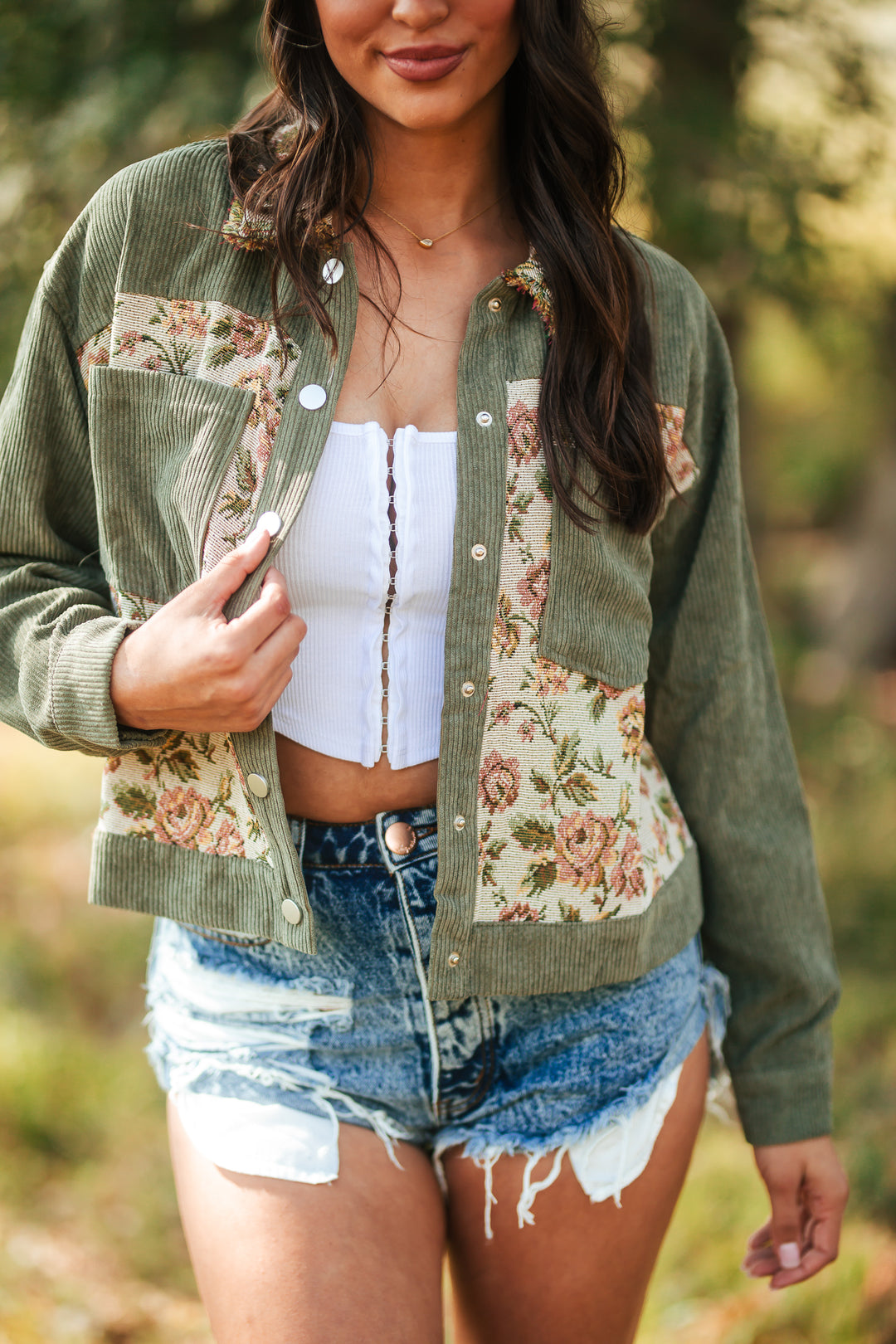 Floral Corduroy Snap Button Jacket