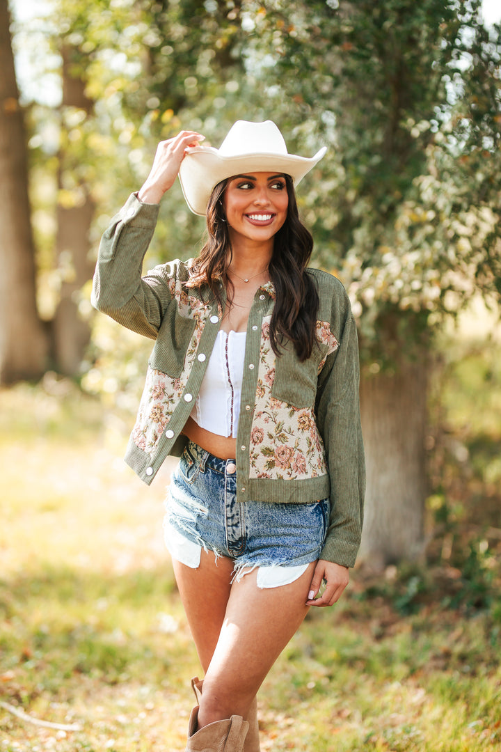 Floral Corduroy Snap Button Jacket