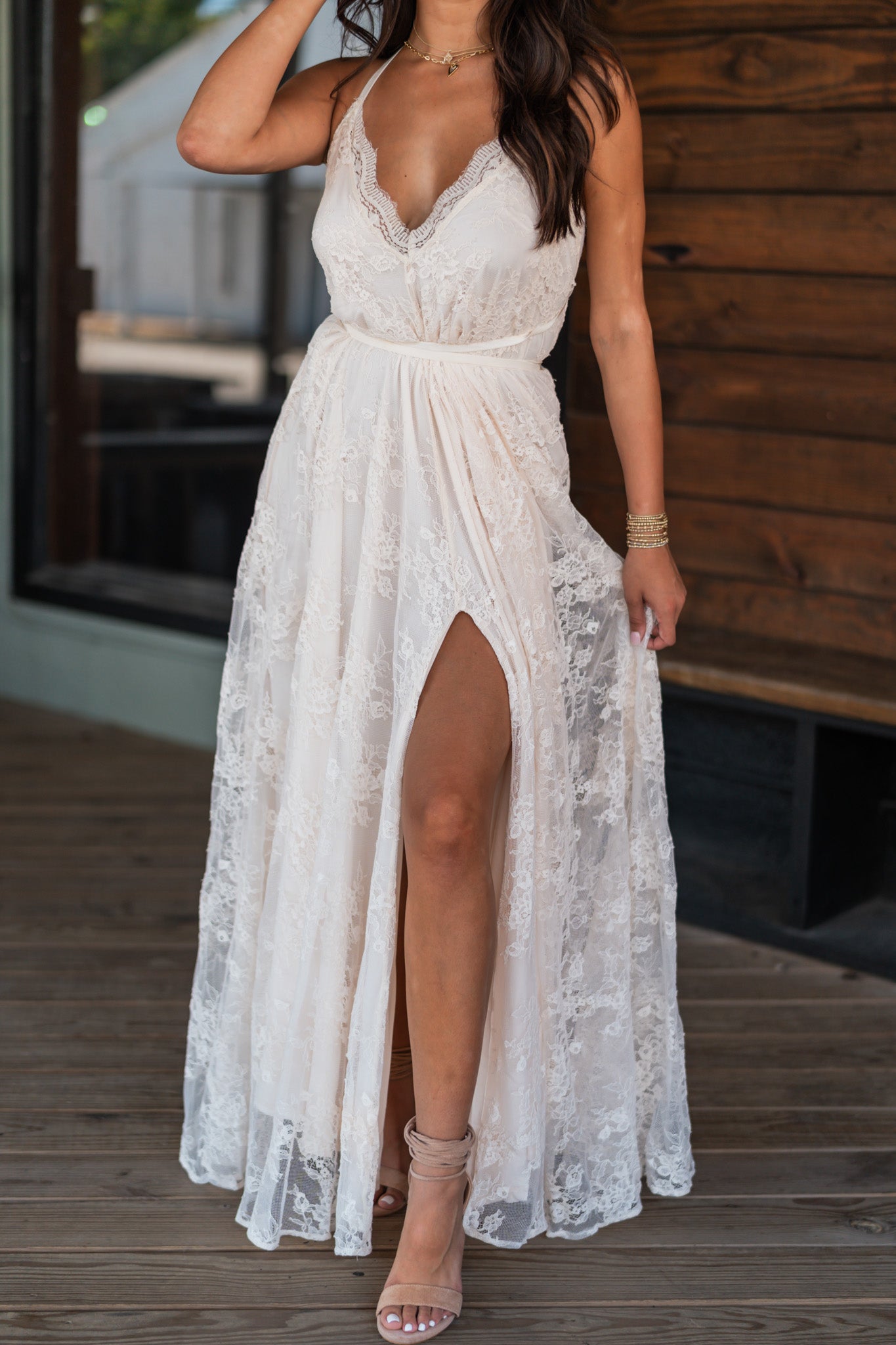 Celestial Multi Wrap Lace Maxi Dress Cream