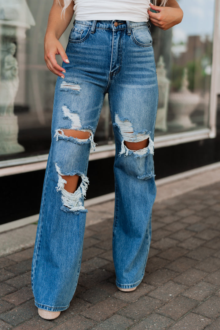 Elliot Distressed Wide Leg Jeans