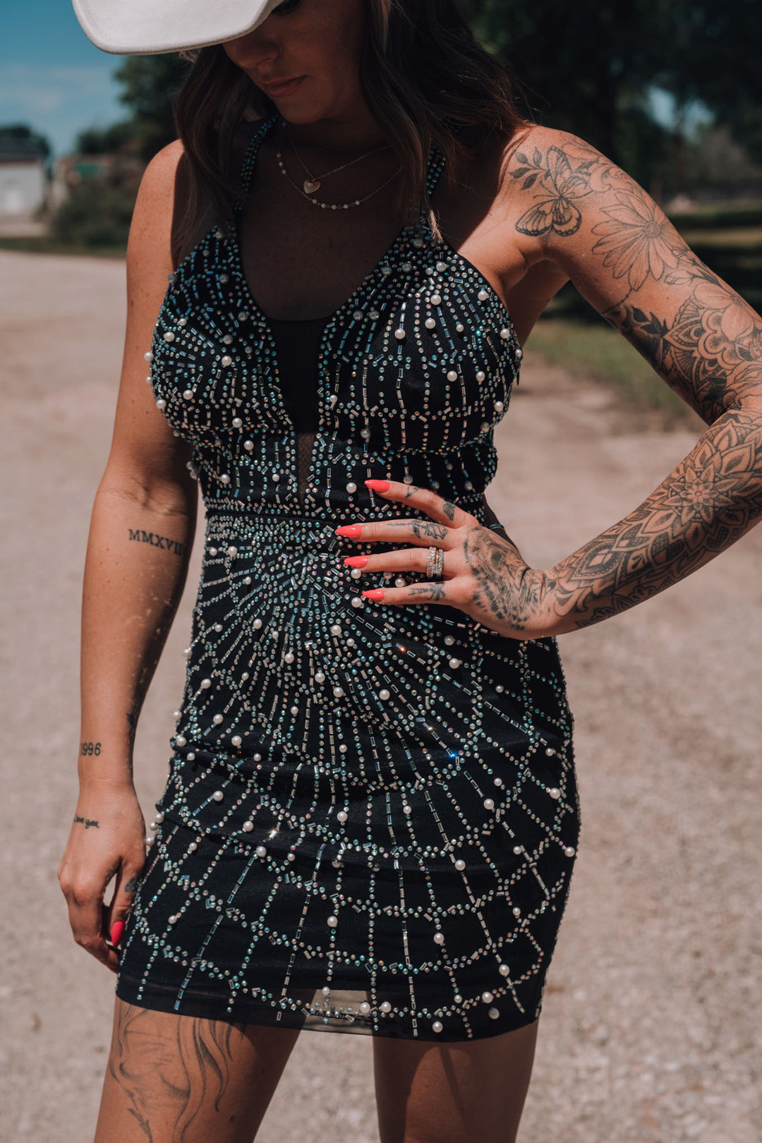 Born To Shine Rhinestone Pearl Mini Dress