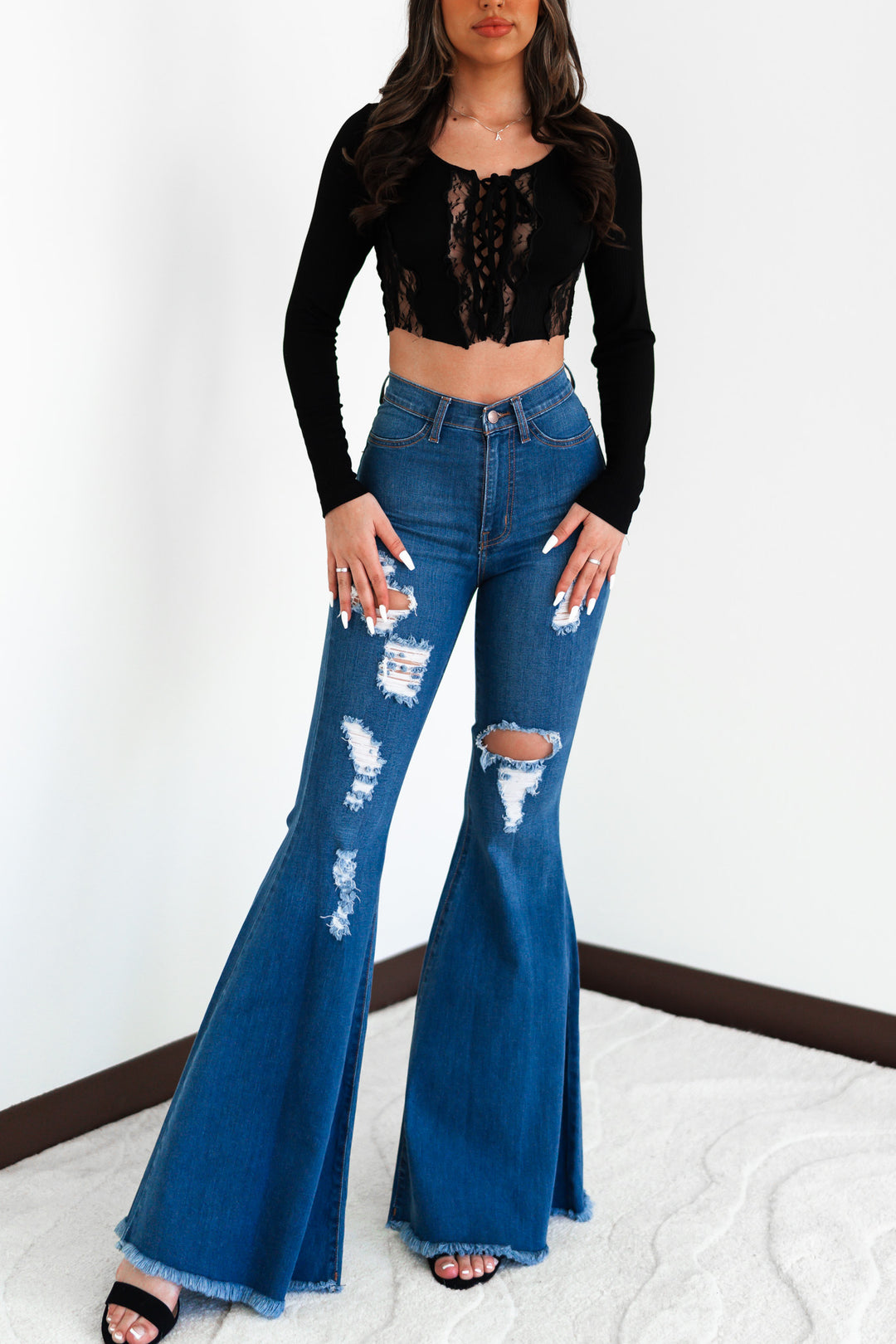 Wild Love Distressed Bell Bottoms (Dark Wash)