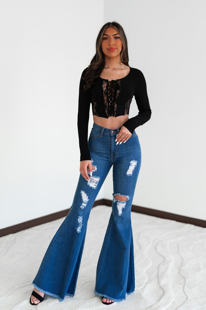 Wild Love Distressed Bell Bottoms (Dark Wash)