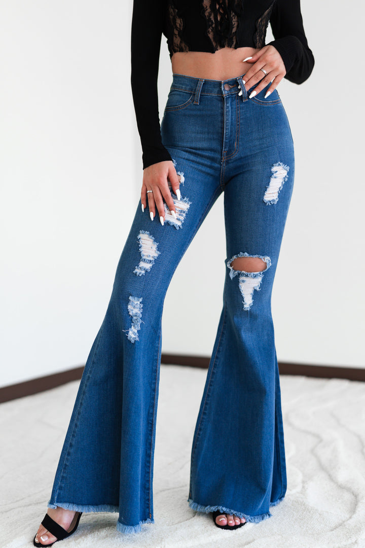 Wild Love Distressed Bell Bottoms (Dark Wash)