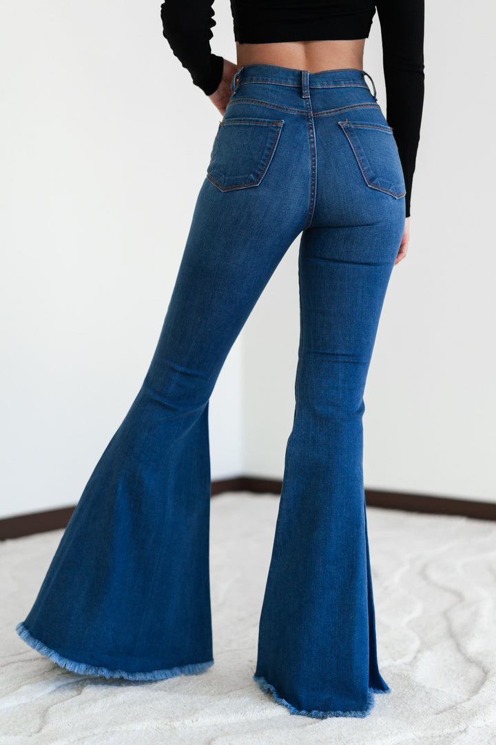 Wild Love Distressed Bell Bottoms (Dark Wash)