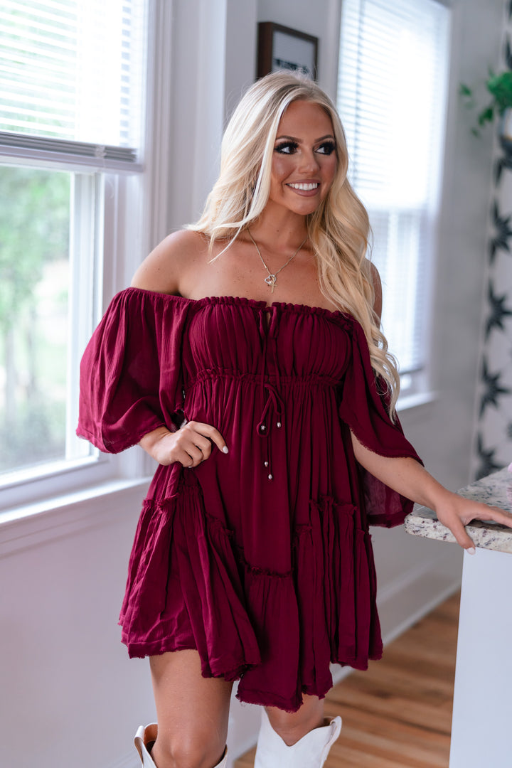 Somber Ruffle Mini Dress (Merlot) FINAL SALE