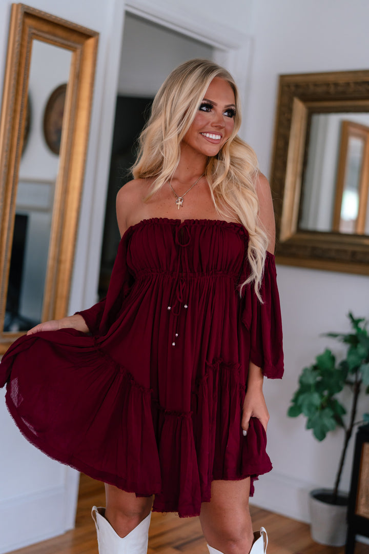 Somber Ruffle Mini Dress (Merlot) FINAL SALE