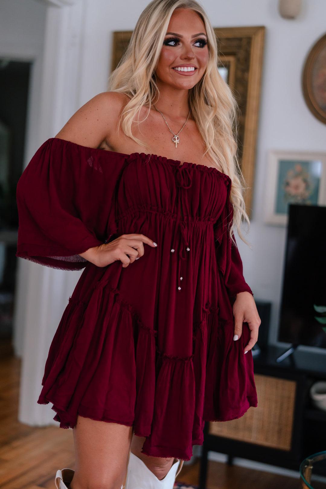 Somber Ruffle Mini Dress (Merlot) FINAL SALE