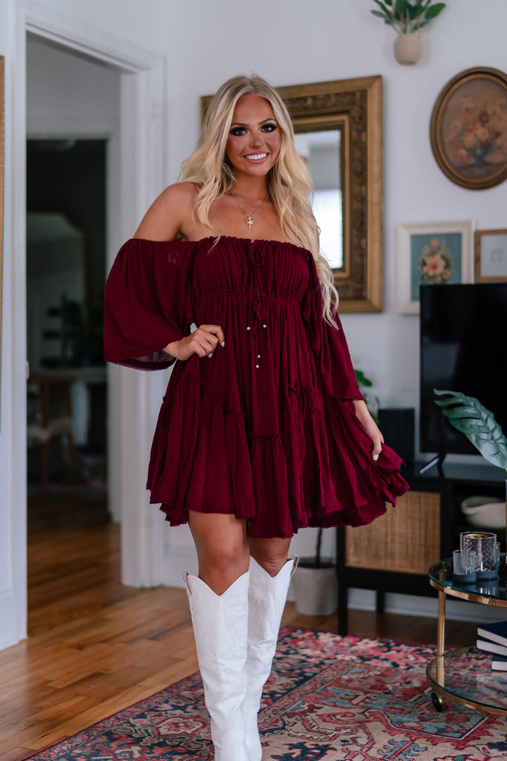 Somber Ruffle Mini Dress (Merlot) FINAL SALE