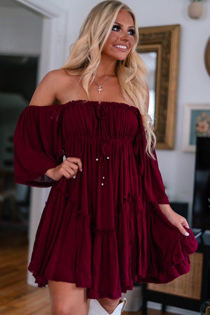 Somber Ruffle Mini Dress (Merlot) FINAL SALE