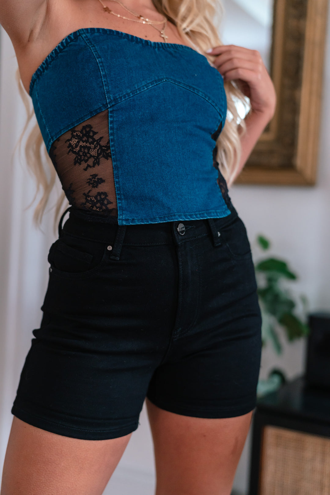 Denim And Lace Stretch Tube Top