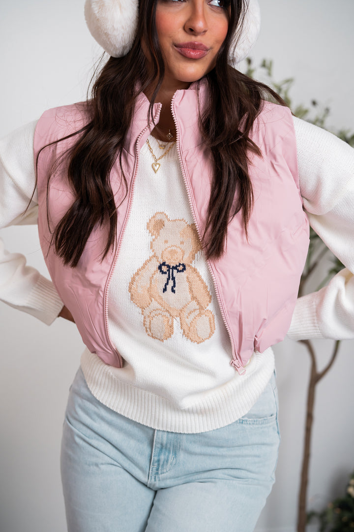 Lattes And Leaves Puffer Vest (Pink)