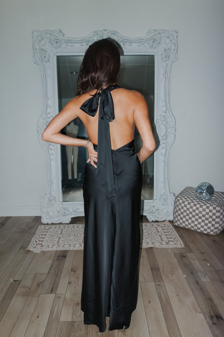 Soiree Satin Halter Maxi Dress (Black)