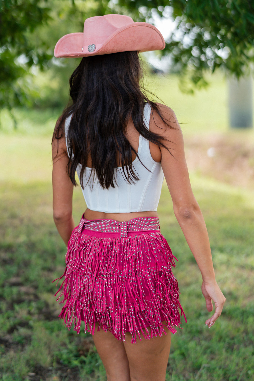 Rowdy Fringe Rhinestone Skirt (Hot Pink)