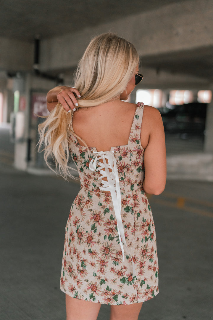 Sunny Flower Tapestry Corset Bodycon Mini Dress