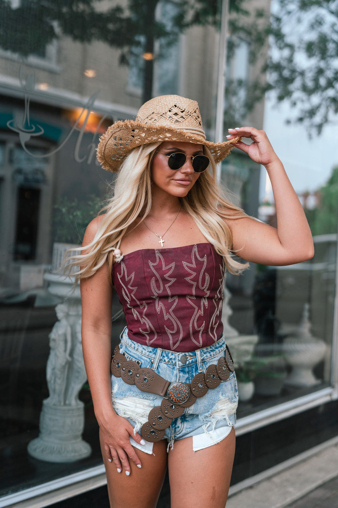 Vegan Leather Embroidered Western Corset Top (Wine)