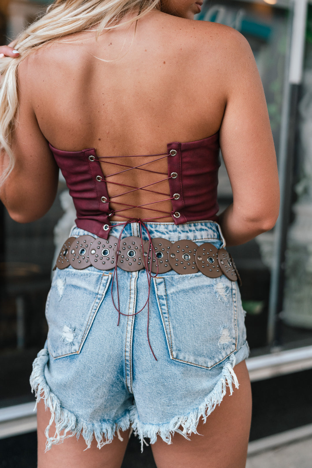 Vegan Leather Embroidered Western Corset Top (Wine)