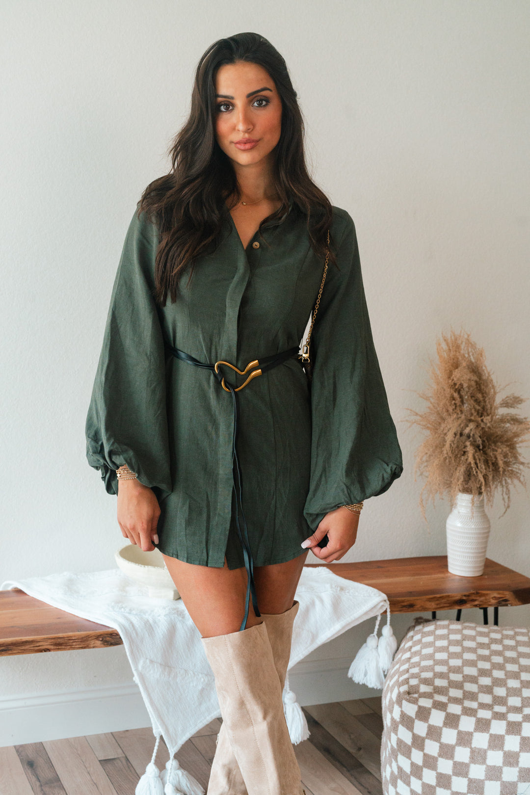 Fall Into You Pintuck Shirtdress (Olive)