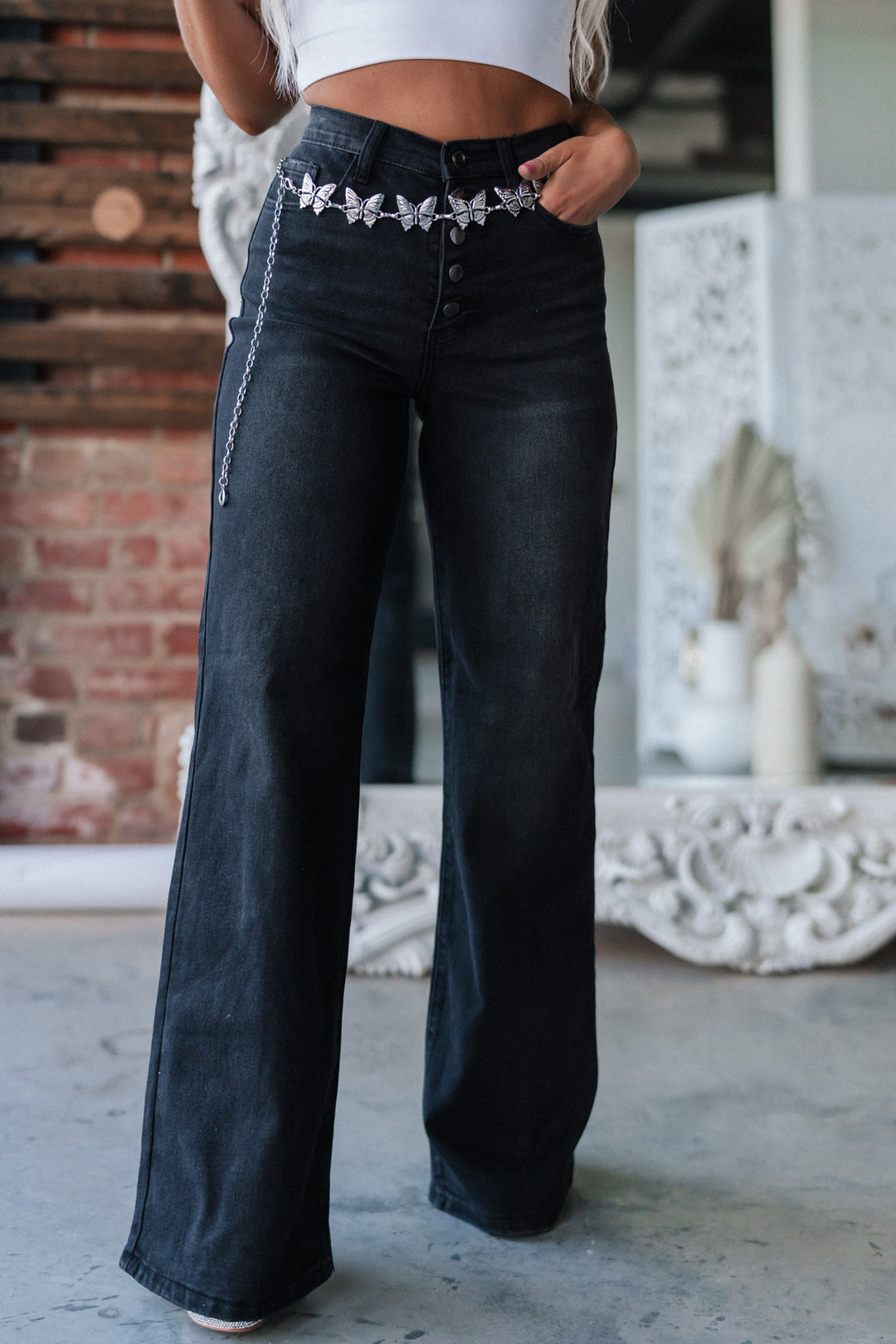 High Rise Button Up Wide Leg Jean (Black) FINAL SALE