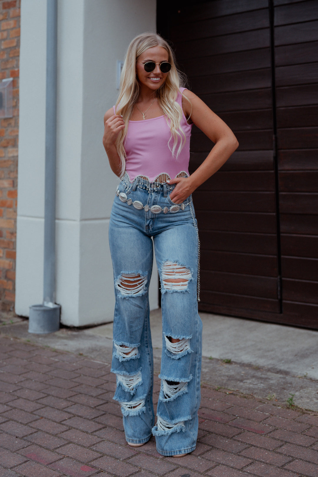 Rhinestone Fringe Crop Tank (Pink) FINAL SALE