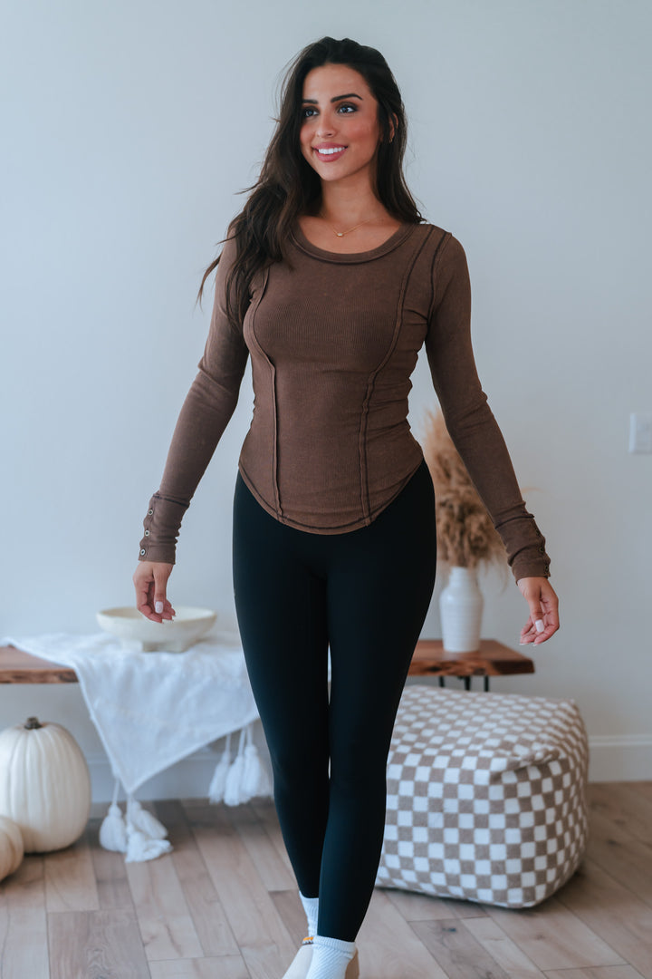 Colder Weather Ribbed Henley Top (Brown)