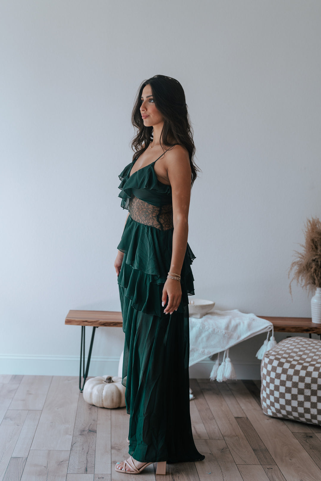 Dark Romance Lace Tiered Maxi Dress (Hunter Green)