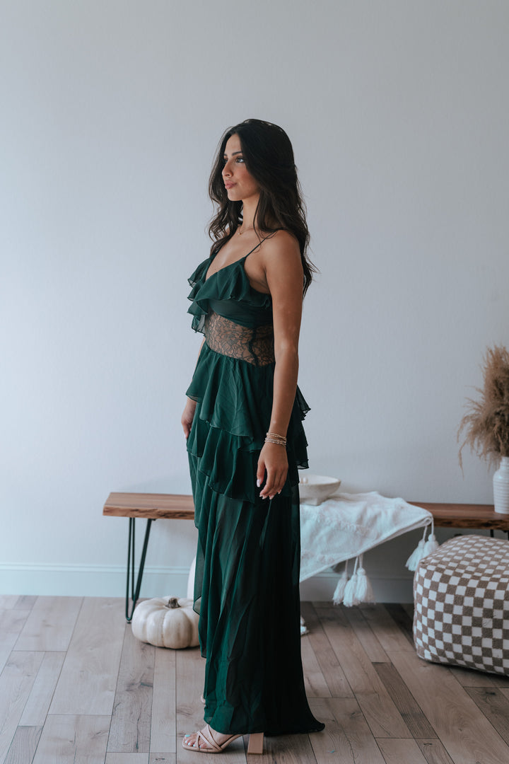 Dark Romance Lace Tiered Maxi Dress (Hunter Green)