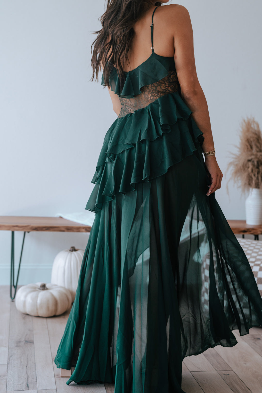 Dark Romance Lace Tiered Maxi Dress (Hunter Green)