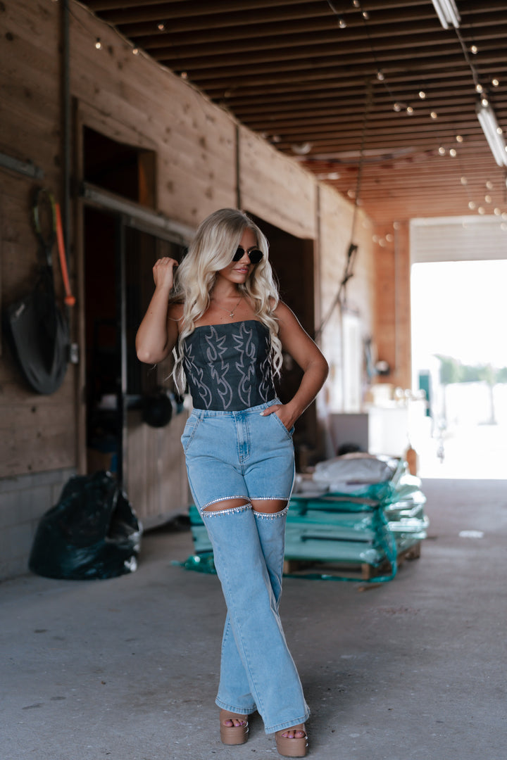 Vegan Leather Embroidered Western Corset Top (Black)