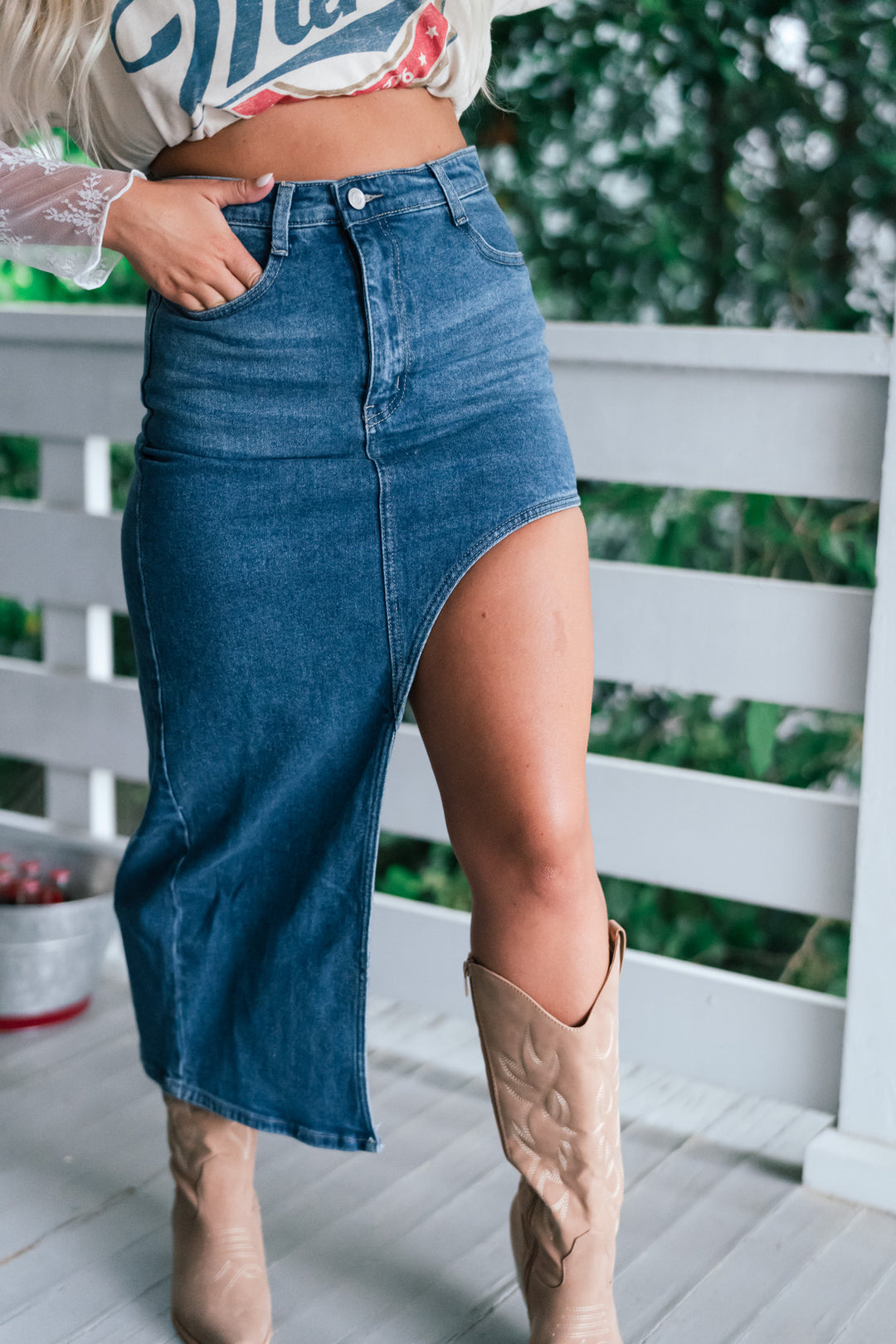 Unbalanced Denim Midi Skirt