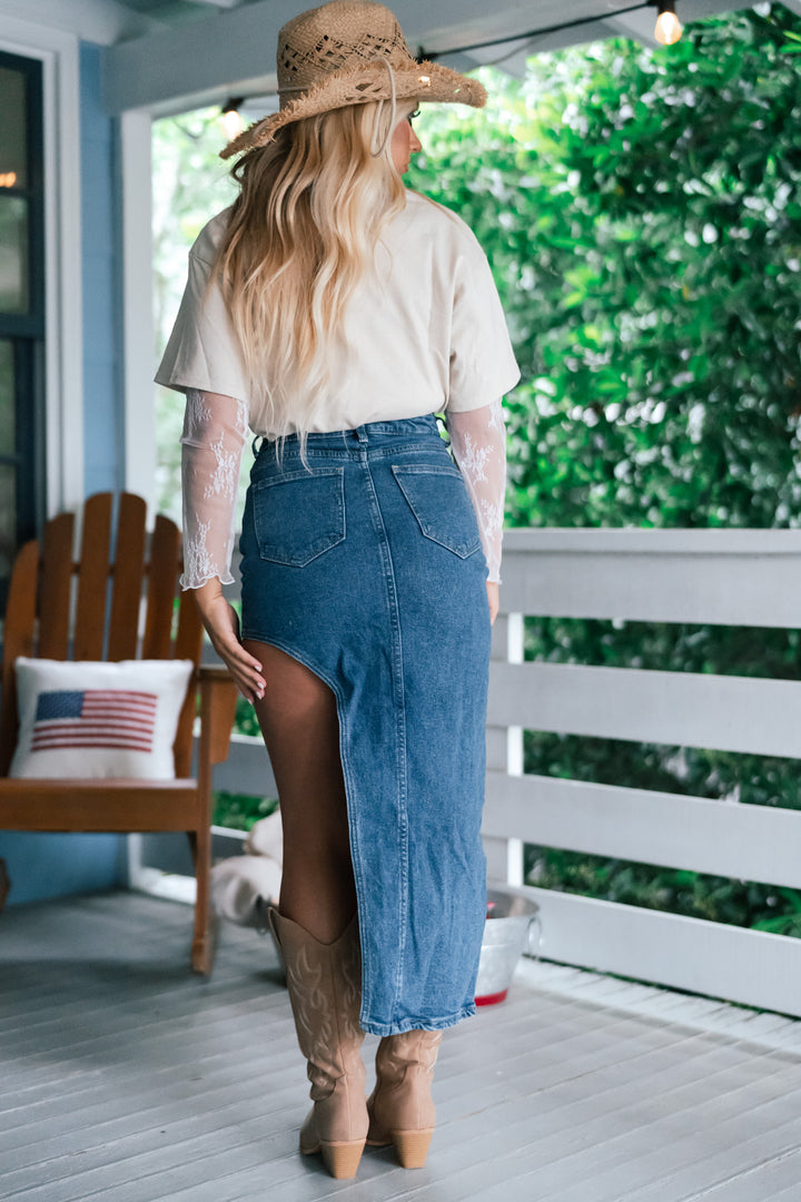 Unbalanced Denim Midi Skirt