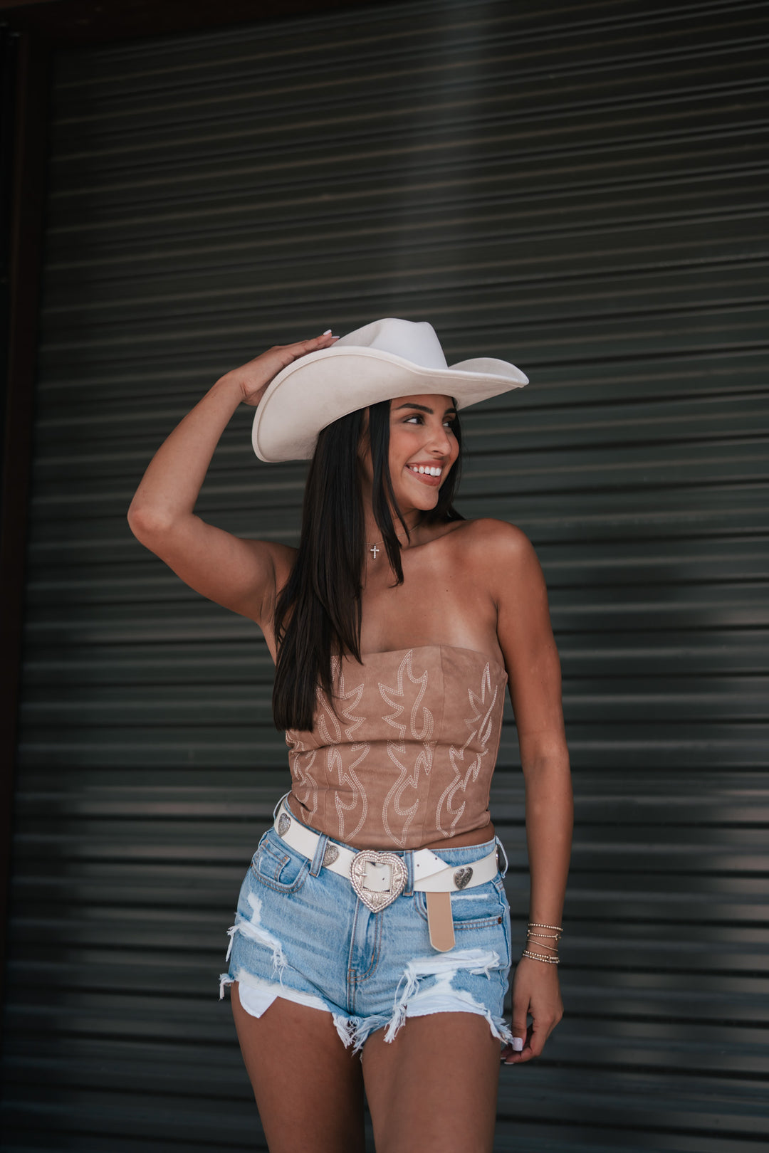 Vegan Leather Embroidered Western Corset Top (Tan)