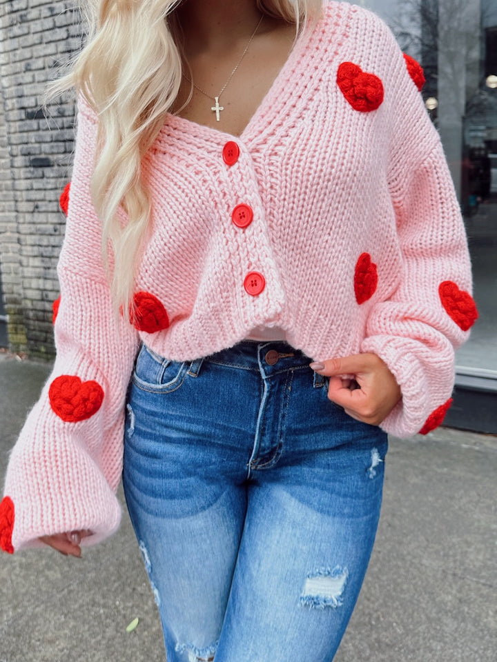 Simply Smitten Puff Heart Cardigan (Pink) FINAL SALE