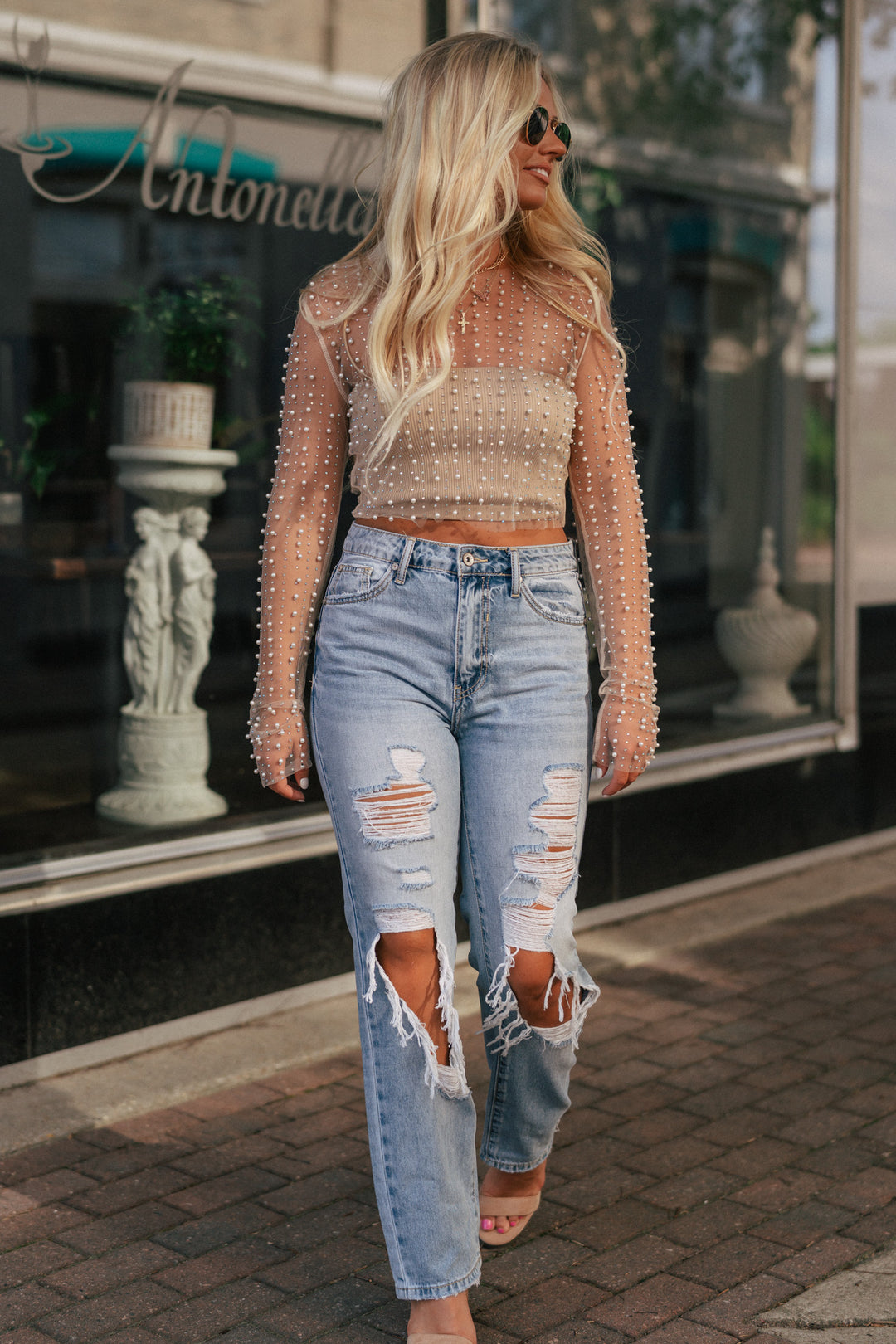 Pearl + Rhinestone Sheer Top (Nude)