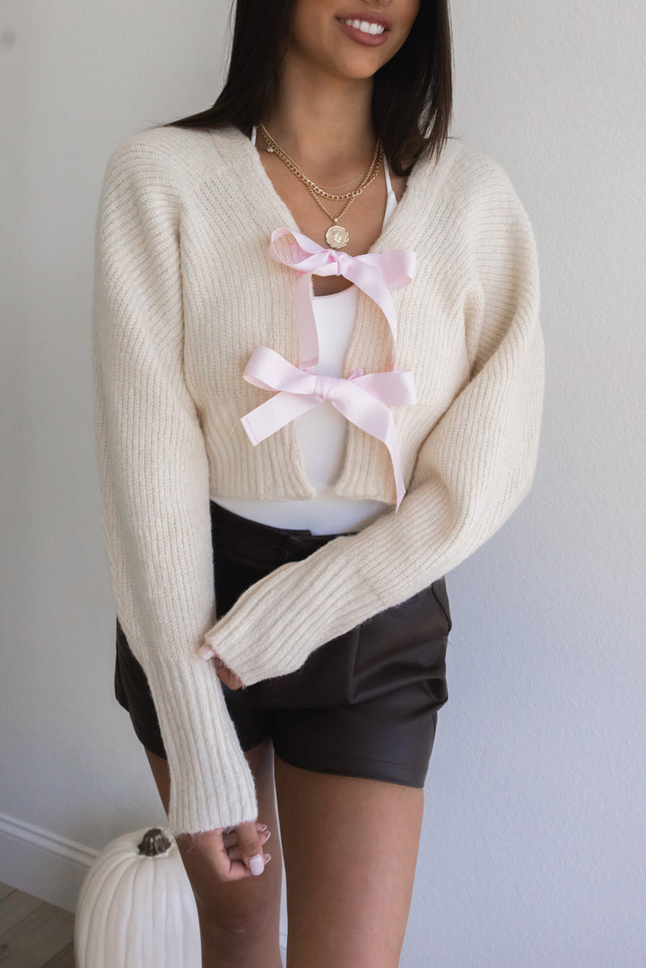 Modern Romance Bow Cardigan (Cream/Pink)