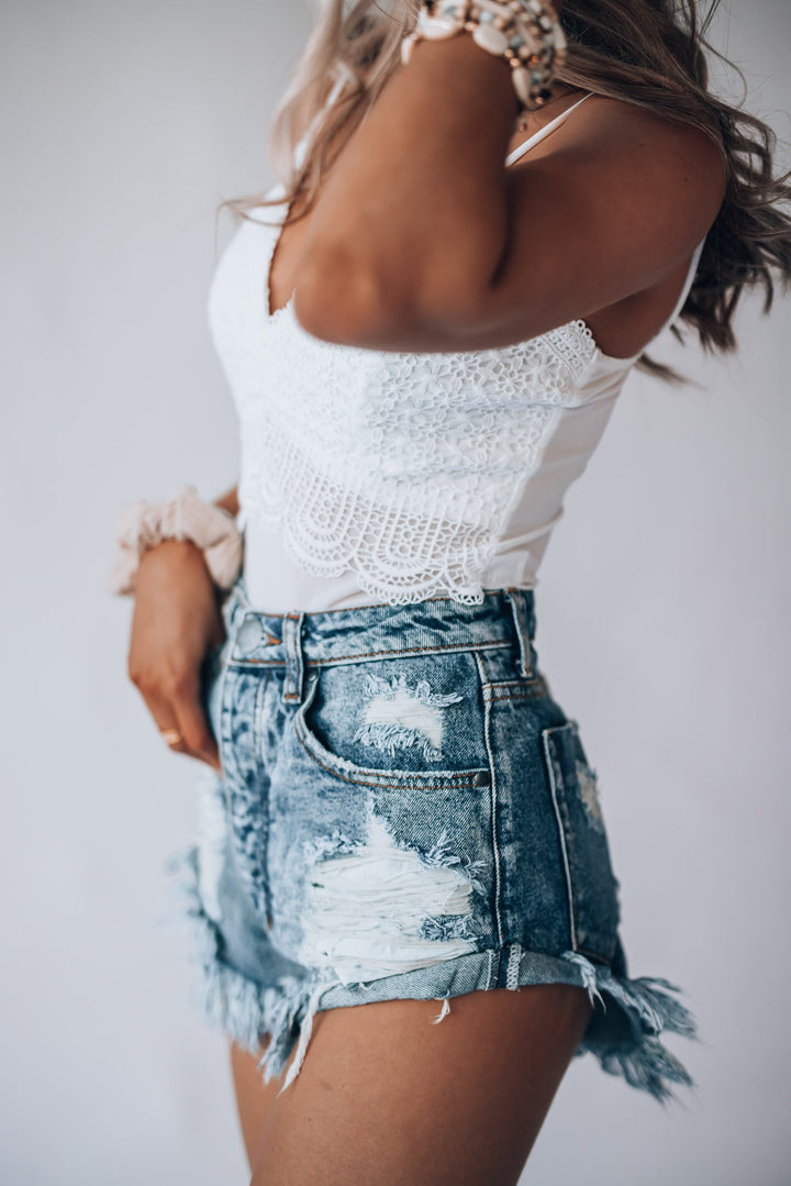 Summer Daisy Distressed Shorts (Light Wash) FINAL SALE