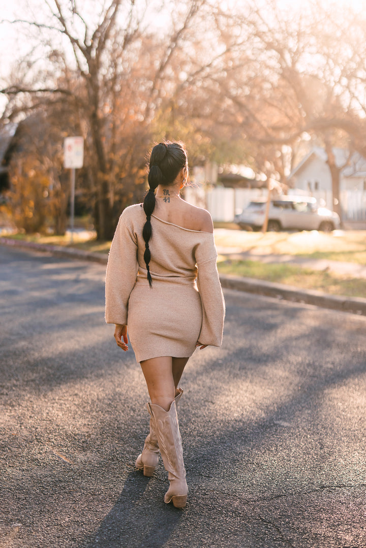 Veronica Knit Off Shoulder Mini Dress (Tan)