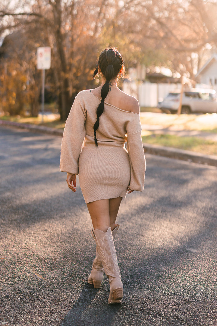 Veronica Knit Off Shoulder Mini Dress (Tan)