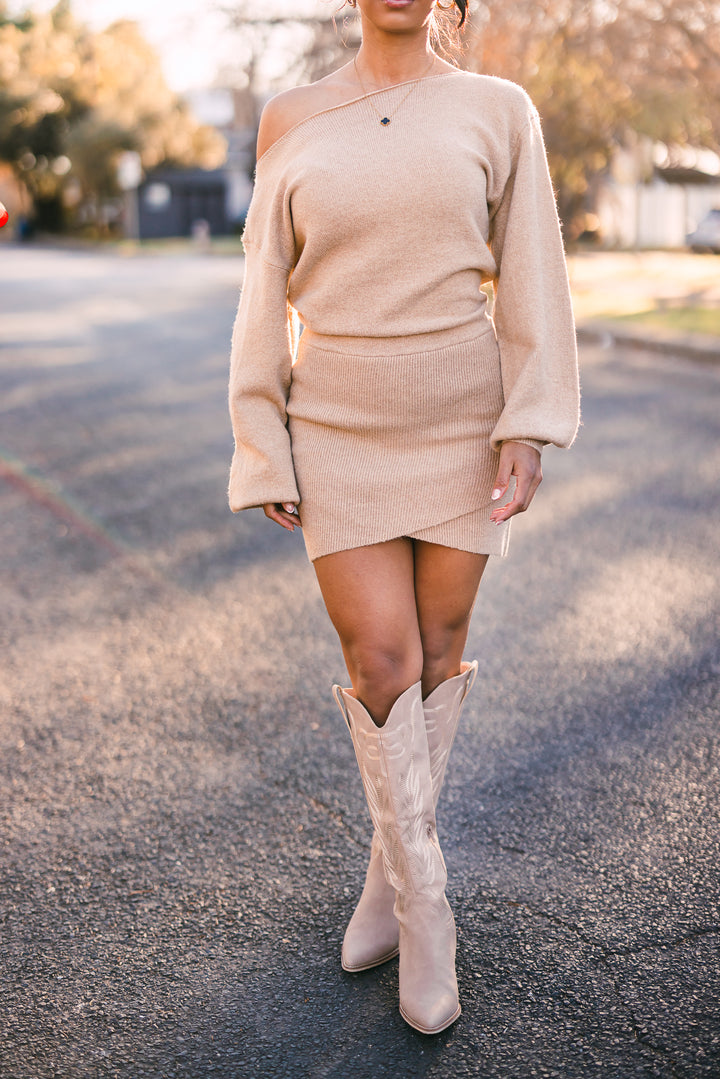 Veronica Knit Off Shoulder Mini Dress (Tan)