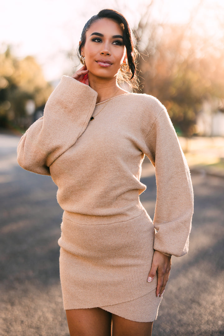 Veronica Knit Off Shoulder Mini Dress (Tan)