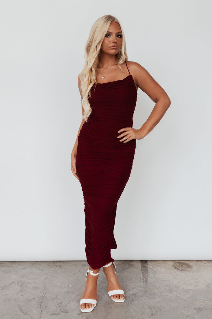 Porter Ruched Midi Dress (Wine)