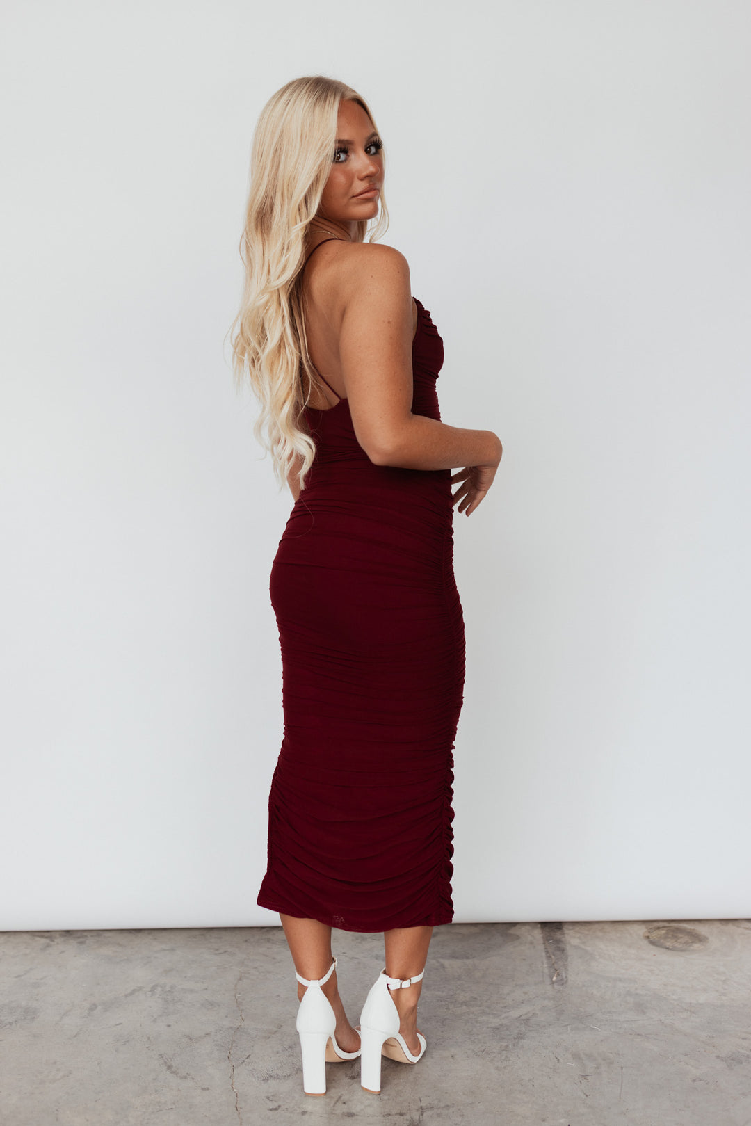 Porter Ruched Midi Dress (Wine)