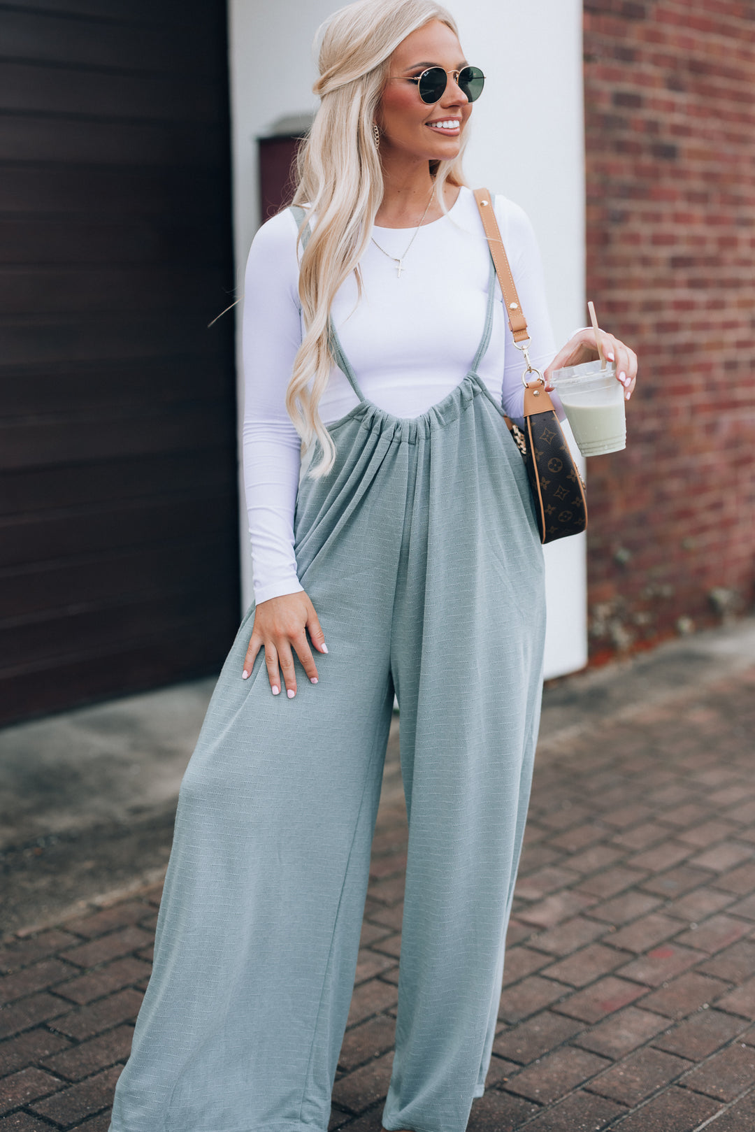 Hot Shot Wide Leg Suspender Pants (Sage)