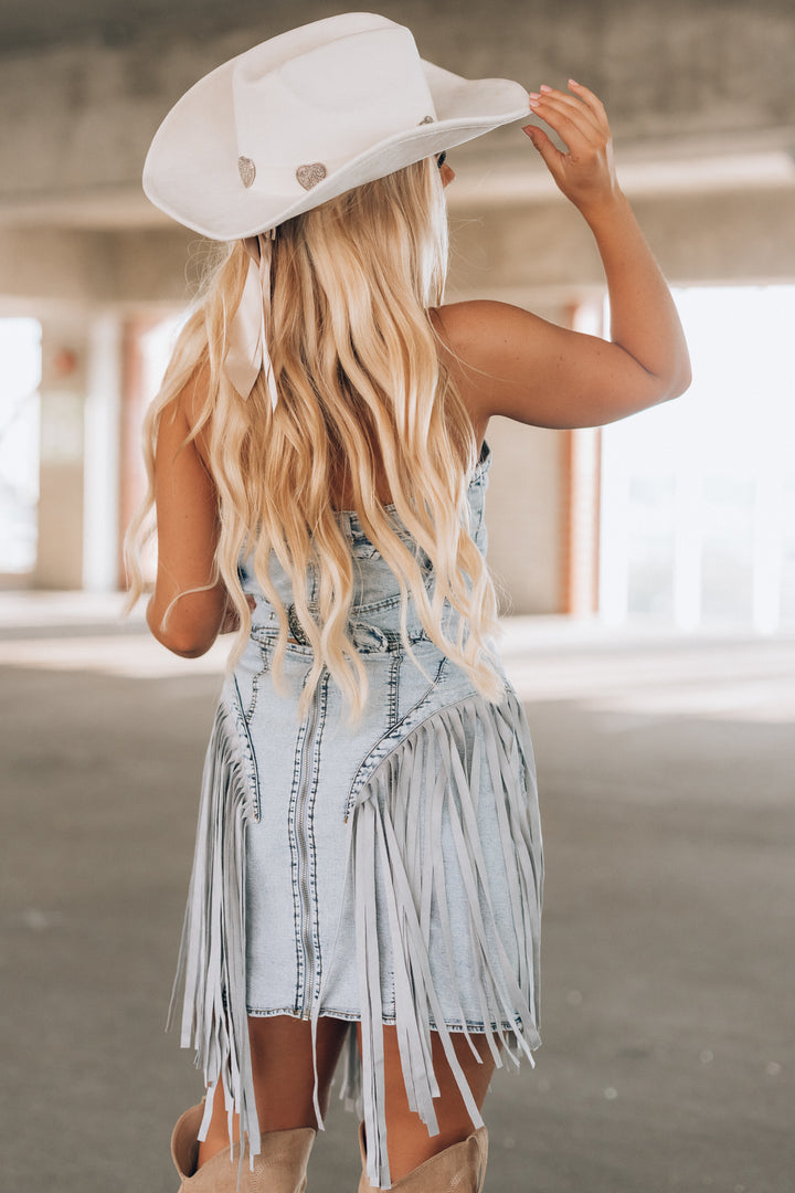 On The Fringe Denim Mini Dress