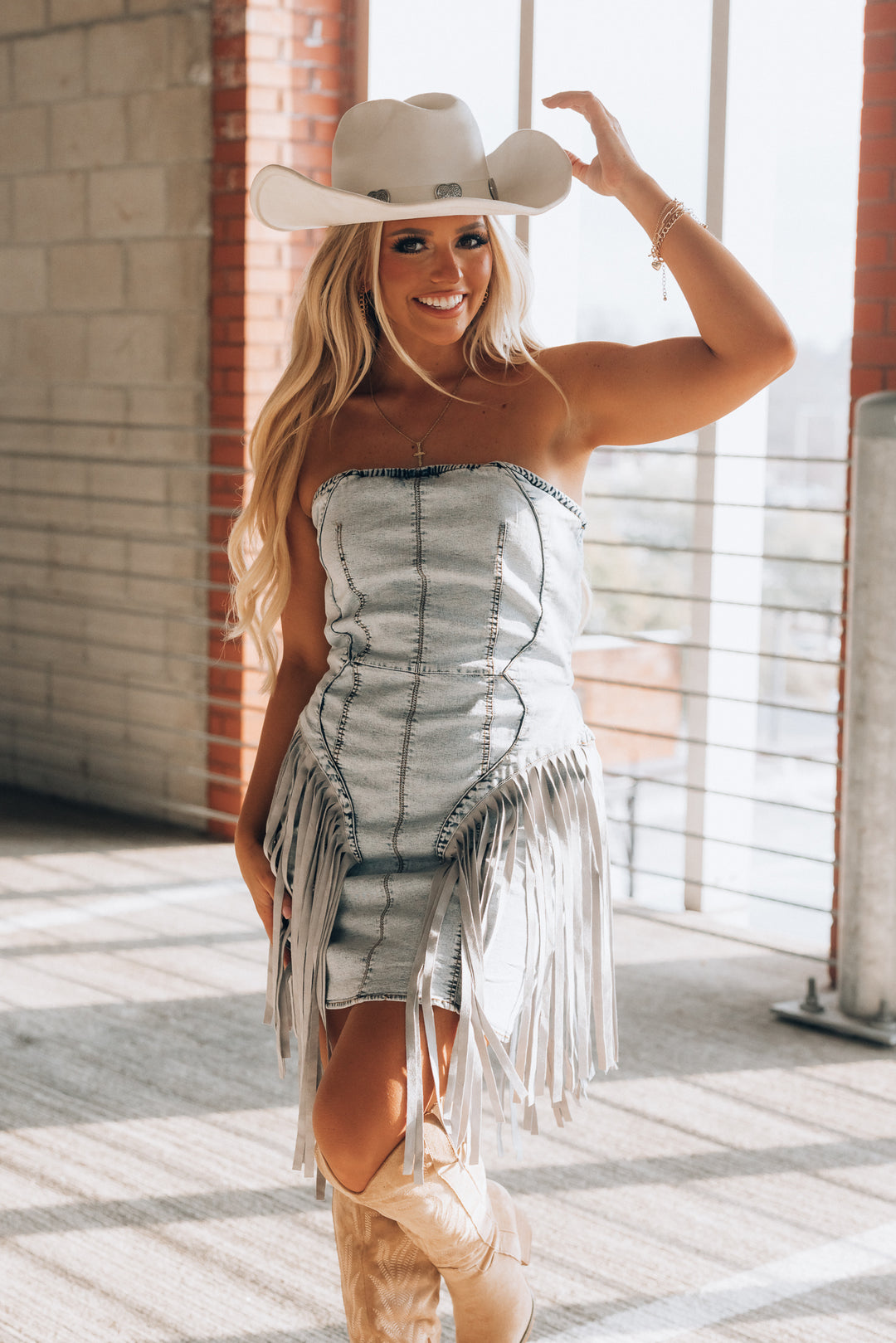 On The Fringe Denim Mini Dress