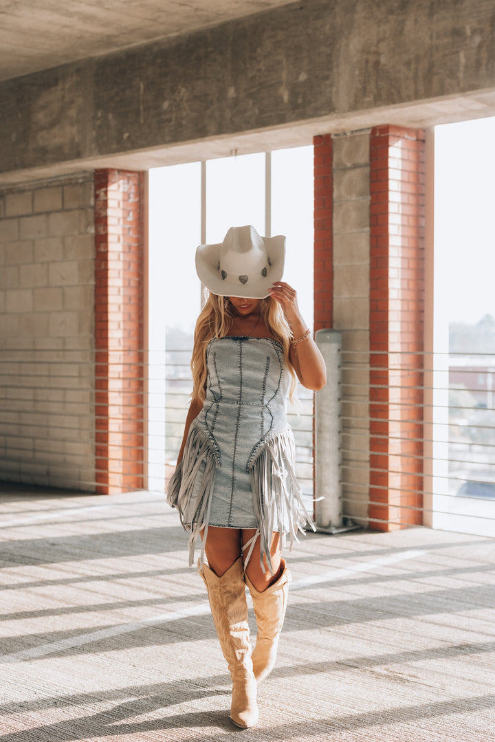 On The Fringe Denim Mini Dress