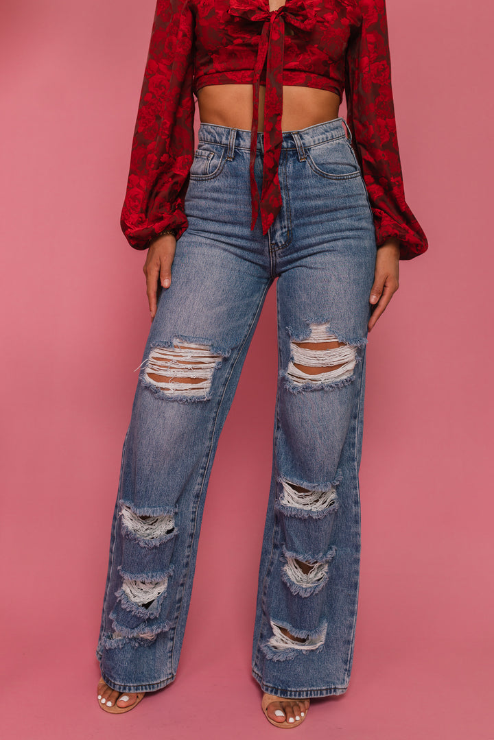 Viv High-Rise Distressed Wide Leg Jeans