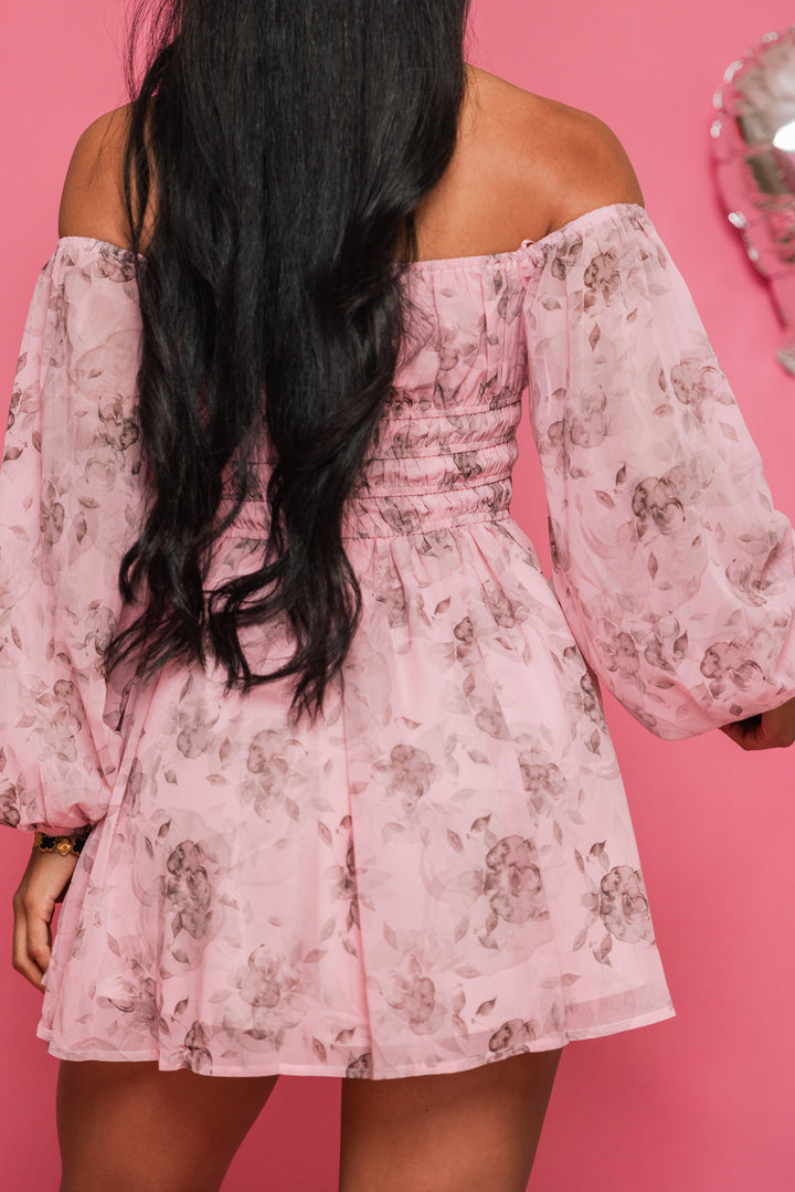 Paris Mornings Floral Chiffon Off Shoulder Dress